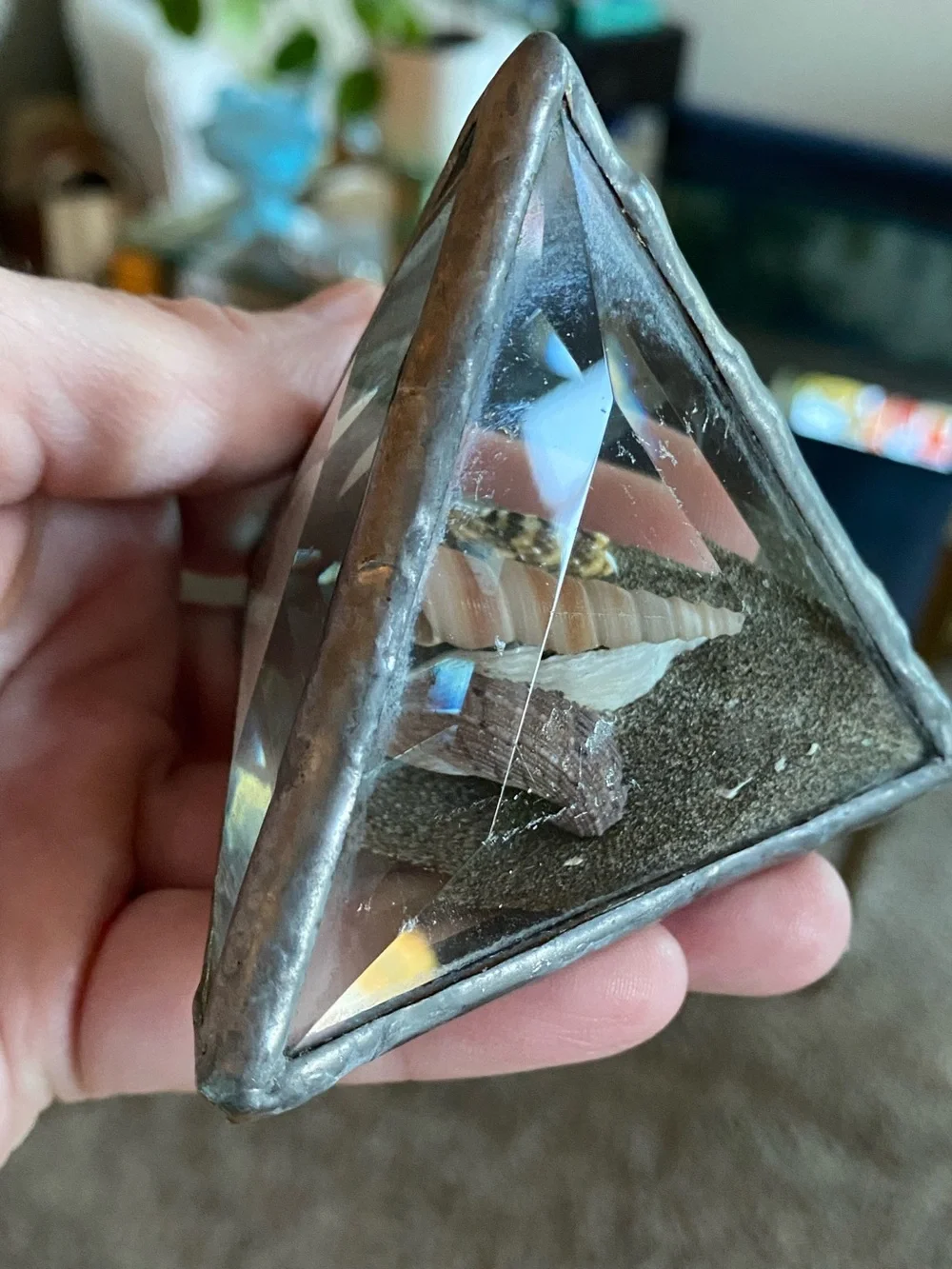 VTG Beveled Glass Pyramid Paperweight Shell Sand Dollar Sandscape 3”